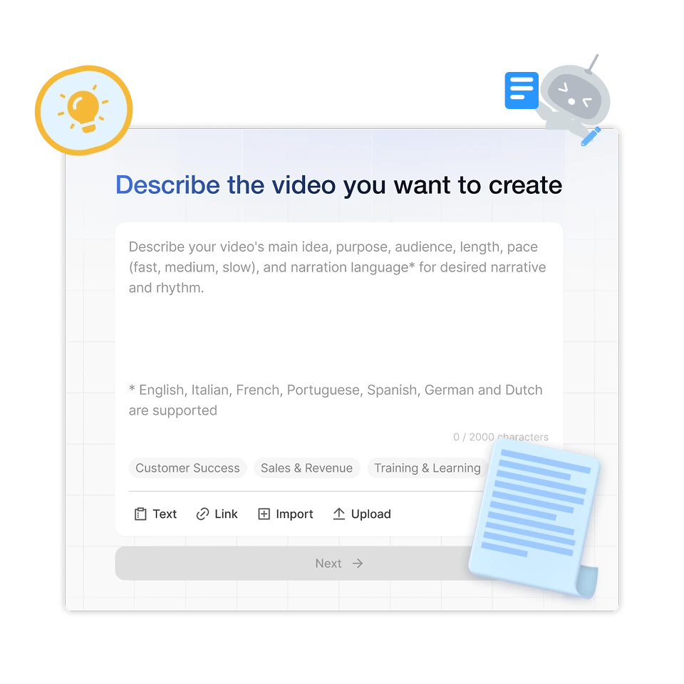 AI video generator lets you describe the video you want and generates it automatically with visuals, music, and narration.